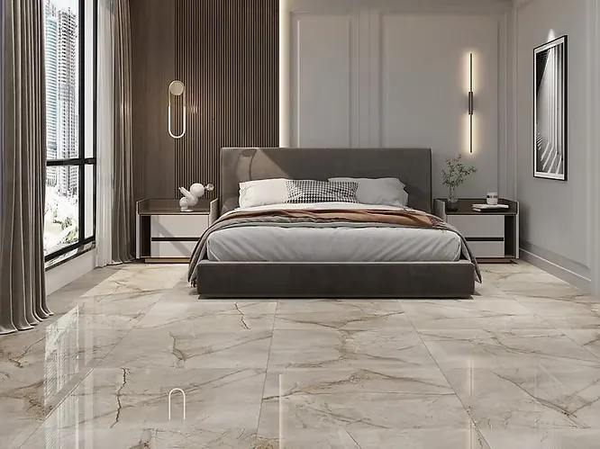 Modern bedroom with a large bed, brown headboard, and shiny, polished beige marble floor tiles.