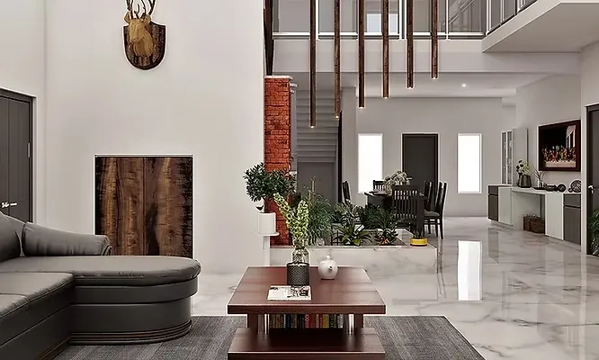 A modern multi-level home interior showing an open floor plan with glossy, grey-veined marble tile flooring throughout.
