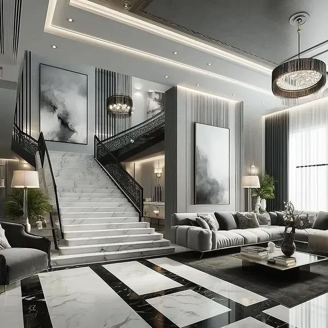 A luxury home interior with a white marble staircase, elegant grey sofa, and black-patterned floor.