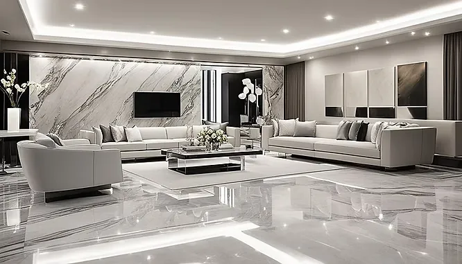 A ultra-luxurious living room featuring polished marble flooring and a statement feature wall with dramatic, diagonal grey veining.