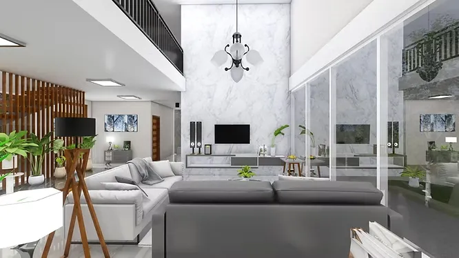 A spacious, bright contemporary living room featuring a tall white marble accent wall integrated with a television and minimalist media console.