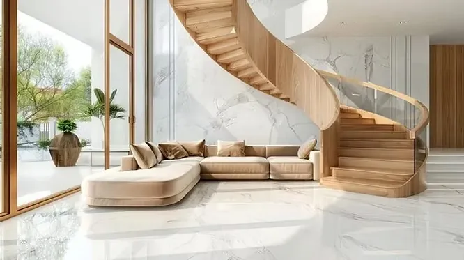 Modern room with a curved wooden staircase, a beige sofa, and a shiny, bright white marble floor.