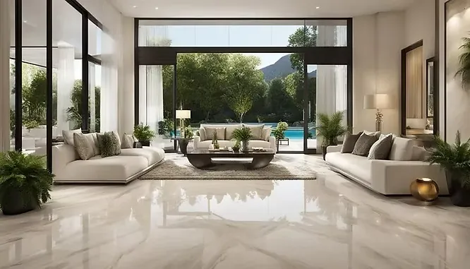 Luxury living room with white sofas, a glossy marble floor, and large glass doors looking out at a pool.