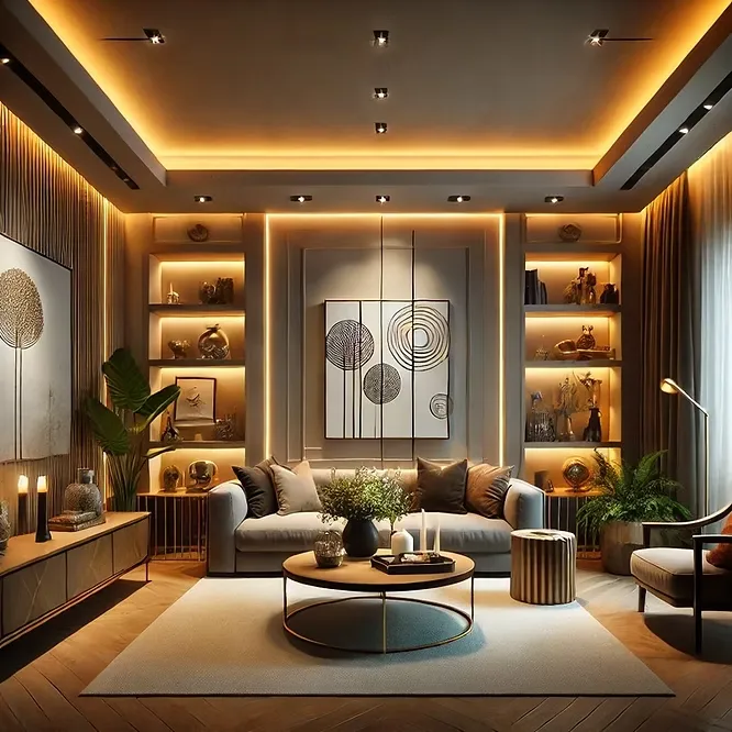 Modern living room with warm hidden LED lights behind shelves and artwork, featuring a comfortable grey sofa.