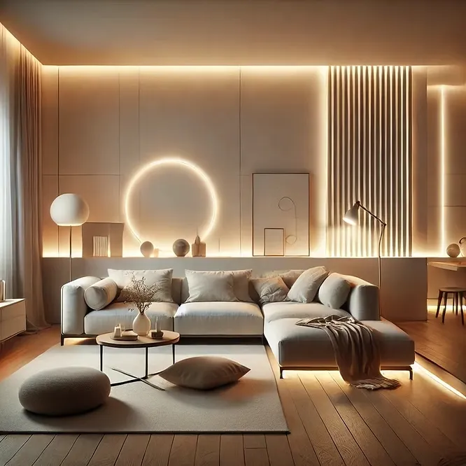 A minimalist, modern living room featuring a long white sofa and a large glowing ring light on the plain wall.