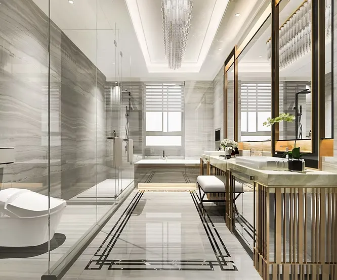 Large luxury bathroom with grey marble walls and floor, featuring long mirrors and a clear glass shower stall.
