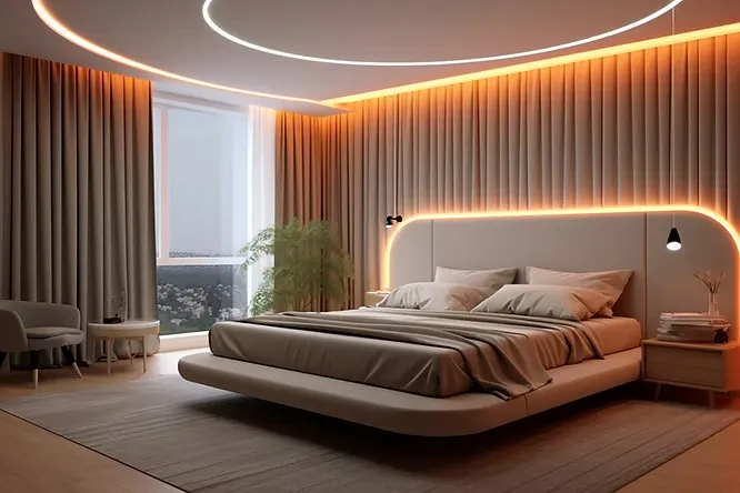 Modern bedroom with a large bed, beige curtains, and a glowing circular strip light on the curved ceiling.