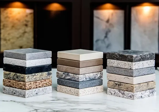 Neatly stacked square samples of various natural stones and marble displaying a wide range of pricing tiers, colors, and textures.