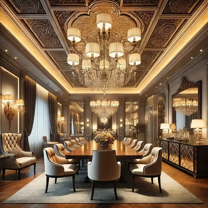 Luxurious dining room featuring a long wooden table, elegant chairs, and a massive crystal chandelier.
