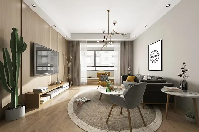 Bright living room with light wood walls, a grey sofa, a round rug, and a modern branching chandelier.