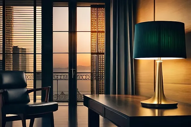 Elegant golden table lamp with a dark green shade on a wooden desk near a large window at sunset.