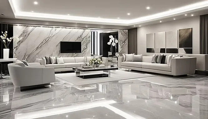 A luxurious, ultra-modern living room showcasing glossy Italian marble flooring and a matching feature wall with dramatic veining.