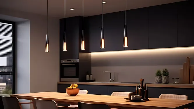 Modern kitchen with dark cabinets, a wooden dining table, and five slender pendant lights hanging down.