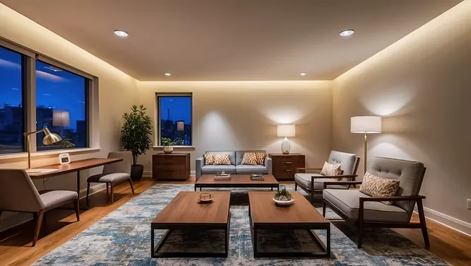 Large, comfortable family room featuring multiple wooden coffee tables, armchairs, and warm lighting.