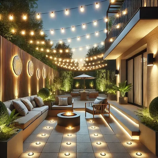 Cozy outdoor patio at night with bright string lights, small floor lamps, a fire pit, and grey sofas.