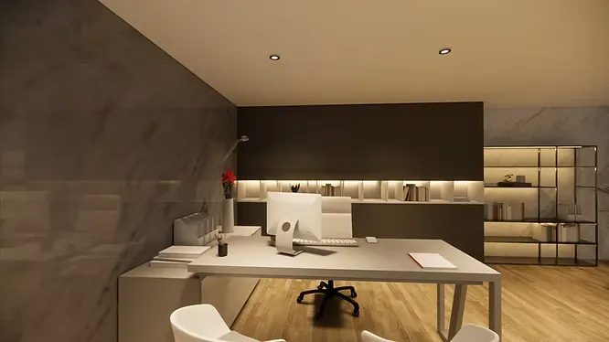 Modern home office with a white desk, computer, wooden floor, and soft warm lighting on the back shelves.