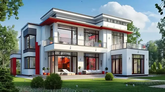 Ultramodern geometric mansion creating bold contrast with crisp white structural blocks highlighted by sharp red accents.