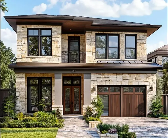 Two-story luxury home clad in a textured combination of light brick and natural stone with dark wood accents.