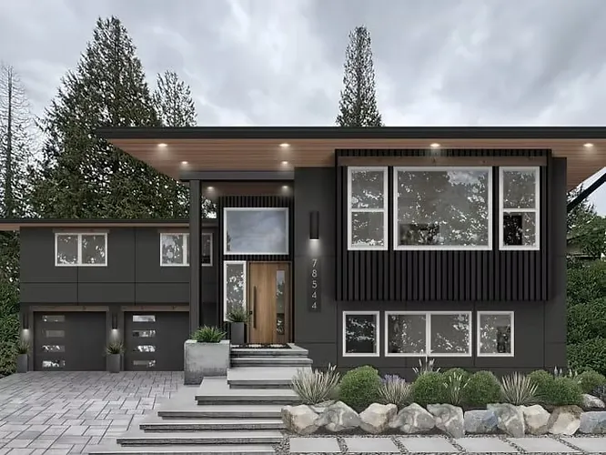 Sleek, modern two-story home featuring a sophisticated dark charcoal exterior finish accented by warm wood under-eaves.