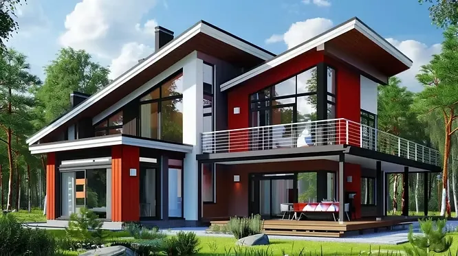Contemporary multi-level residence using an eye-catching mix of deep crimson red panels, charcoal gray, and crisp white surfaces.