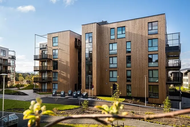Mid-rise modern apartment complex showcasing sustainable architecture wrapped entirely in natural, vertical wood panel accents.