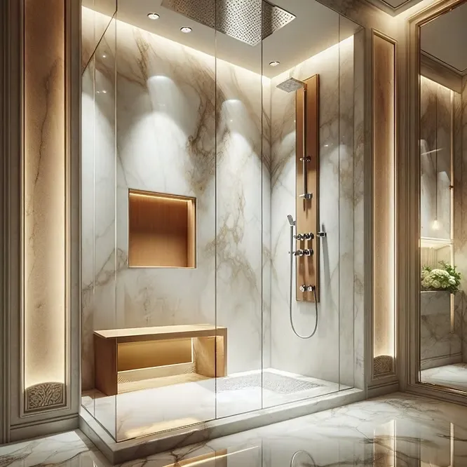 Opulent walk-in shower room wrapped in striking Calacatta marble with gold veining, glass partitions, and warm lighting.