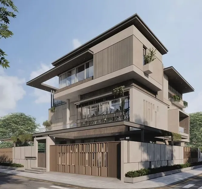 Multi-tiered luxury villa illustrating a stylish and durable facade made of premium beige cladding and vertical slats.