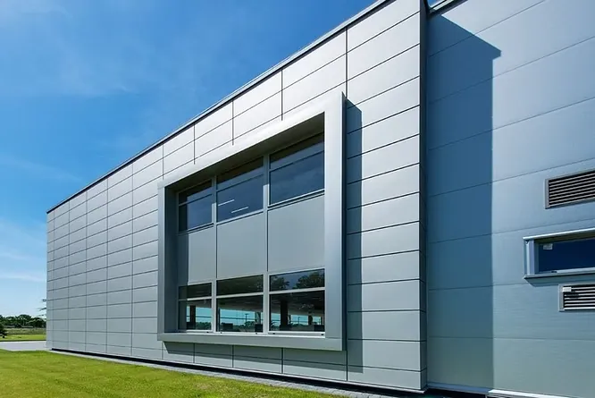 Sleek commercial building exterior featuring lightweight silver aluminum metal panels arranged in a clean grid pattern.