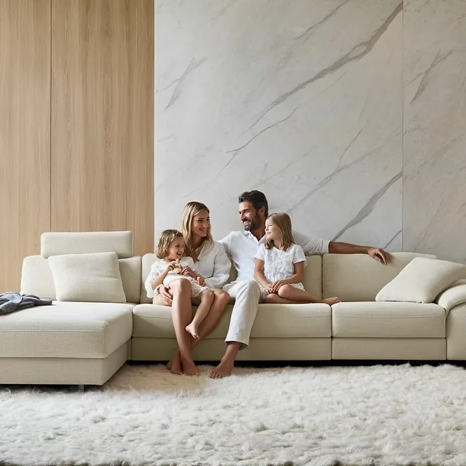 A happy family relaxes on a cream sofa in front of a luxury feature wall showcasing beautiful, veined Statuario marble.