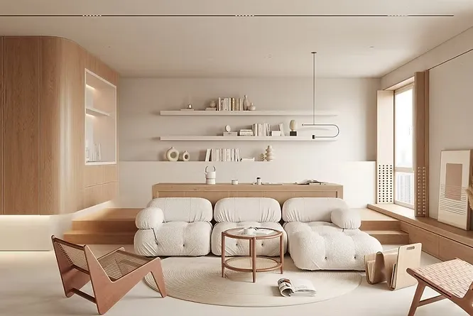 Cozy Japandi-style living room showcasing the art of minimalist interior design with a plush white modular sofa and light wood.