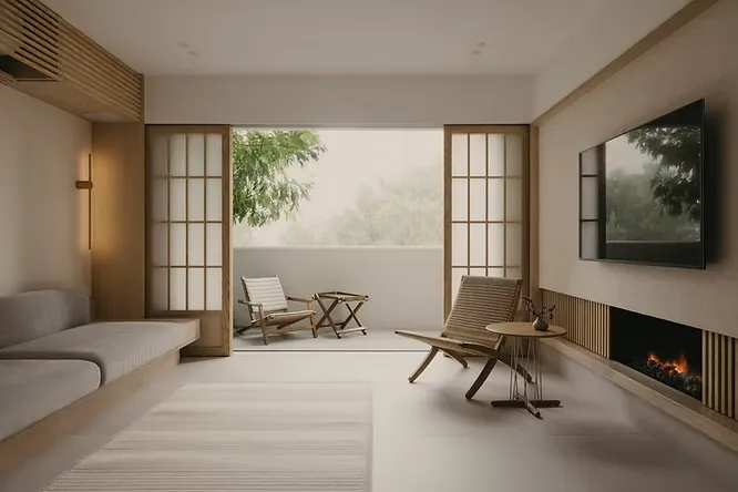 Serene zen living room highlighting the benefits of embracing minimalist interior design with shoji doors and low furniture.