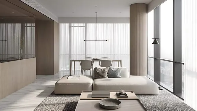 Bright modern penthouse displaying tips to achieve minimalist interior design with sleek low furniture and massive windows.