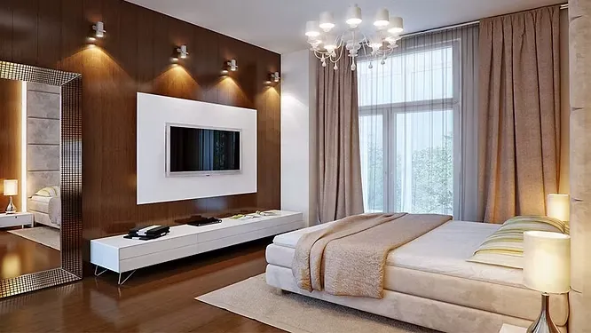 Contemporary bedroom showcasing proper lighting choices with a central chandelier, bedside lamps, and wall spotlights.