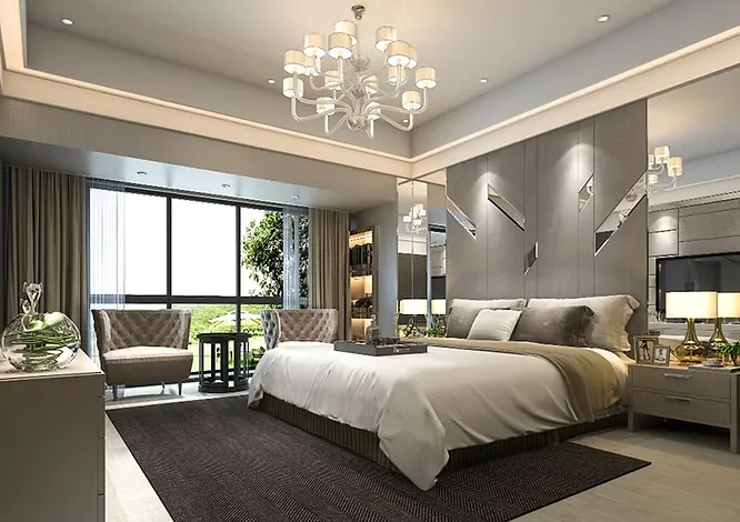 Luxurious bedroom demonstrating how lighting transforms spaces with a classic chandelier, bedside lamps, and natural light.