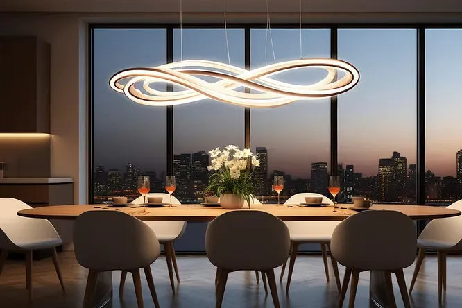 Modern dining room featuring a futuristic, infinity-shaped LED chandelier hanging above a table with a city skyline view.