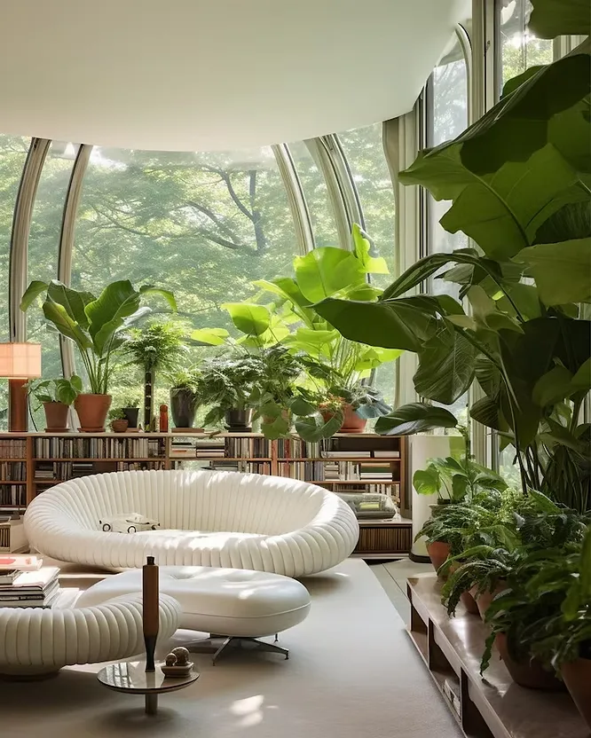 Refreshing interior showcasing biophilic design and living with nature inside using a large green plant wall feature.