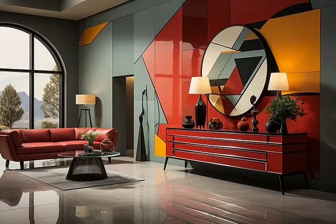 Vibrant living room interior styled with bold colors and patterns, featuring colorful pillows and abstract accent art.