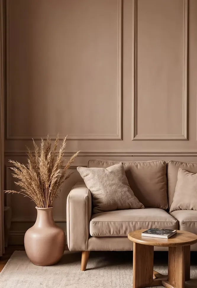 Elegant modern bedroom decorated in earthy tones, warm and natural colors like terracotta, beige, and soft brown.