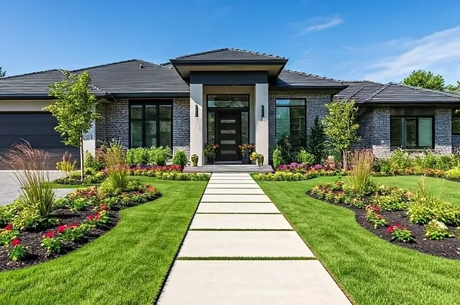 Luxury villa facade showing integrated landscaping with stone accent walls, tall green palm trees, and manicured lawns.