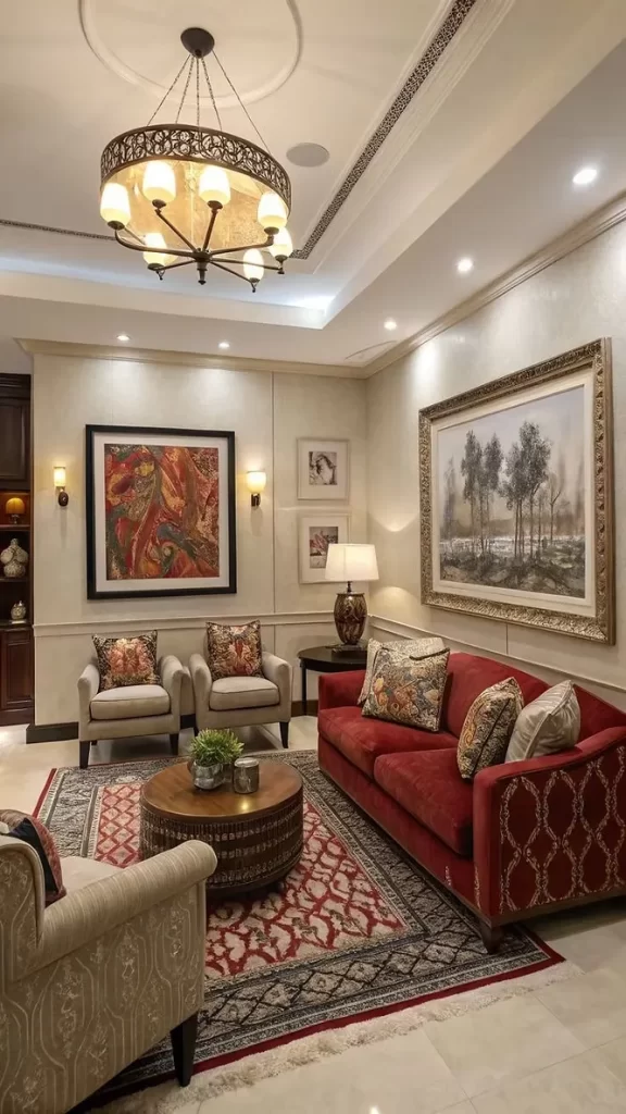 Eclectic living space celebrating maximalism with a bold gallery wall, mixed textiles, vibrant colors, and unique decor.
