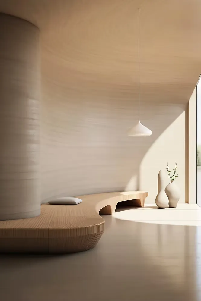 Sleek contemporary room embodying minimalist luxury with clean lines, high-end stone finishes, and understated furniture.