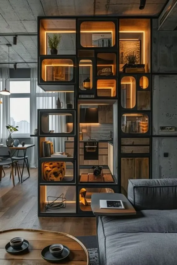 Cleverly styled apartment interior highlighting multifunctional spaces that serve as both a living room and workplace.
