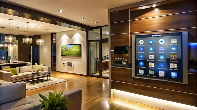 High-tech modern home interior showing smart homes seamless tech integration with built-in voice assistants and automation.