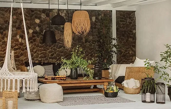 Bright minimalist room showcasing sustainable and eco-friendly designs with reclaimed wood furniture and plants.