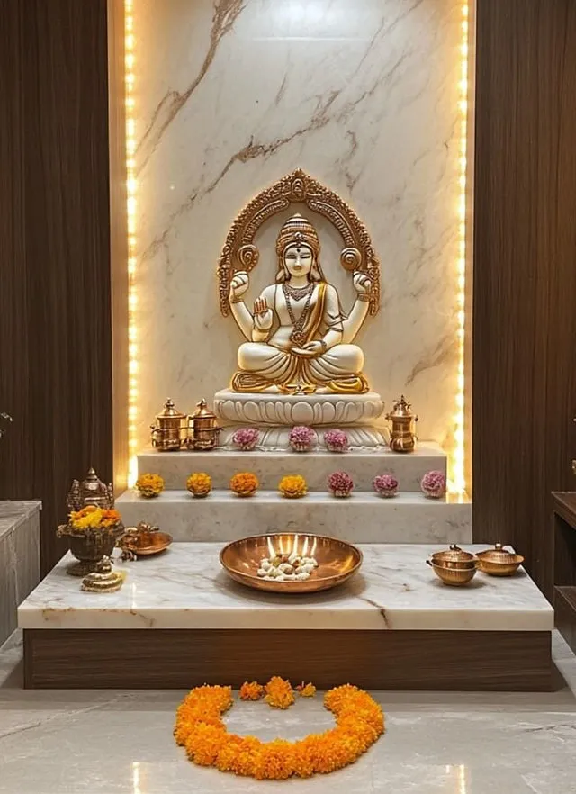 Elegant home temple showing a white marble mandir base, backlit marble panel, and a beautiful white and gold Goddess Lakshmi idol.