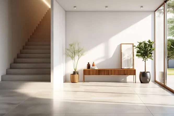 Bright minimalist entryway emphasizing low maintenance and easy cleaning with sleek, spotless stone tile flooring.