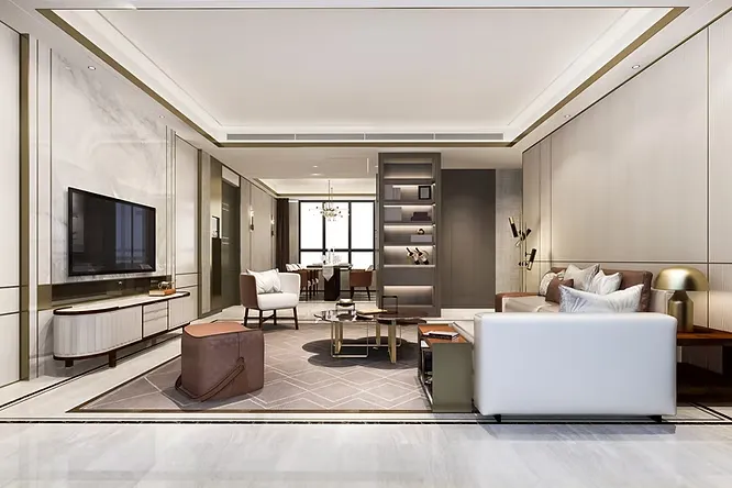 Upscale contemporary interior highlighting timeless elegance and aesthetic appeal with polished marble features.