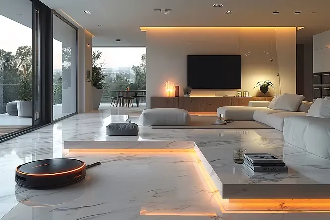 Luxury open-plan living room proving unmatched durability and longevity with flawless white marble flooring slabs.