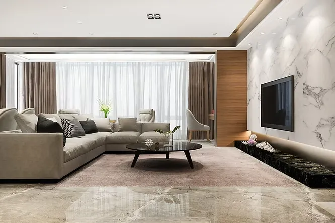 Modern luxury living room showcasing versatility in design and application with marble walls and glossy floors.