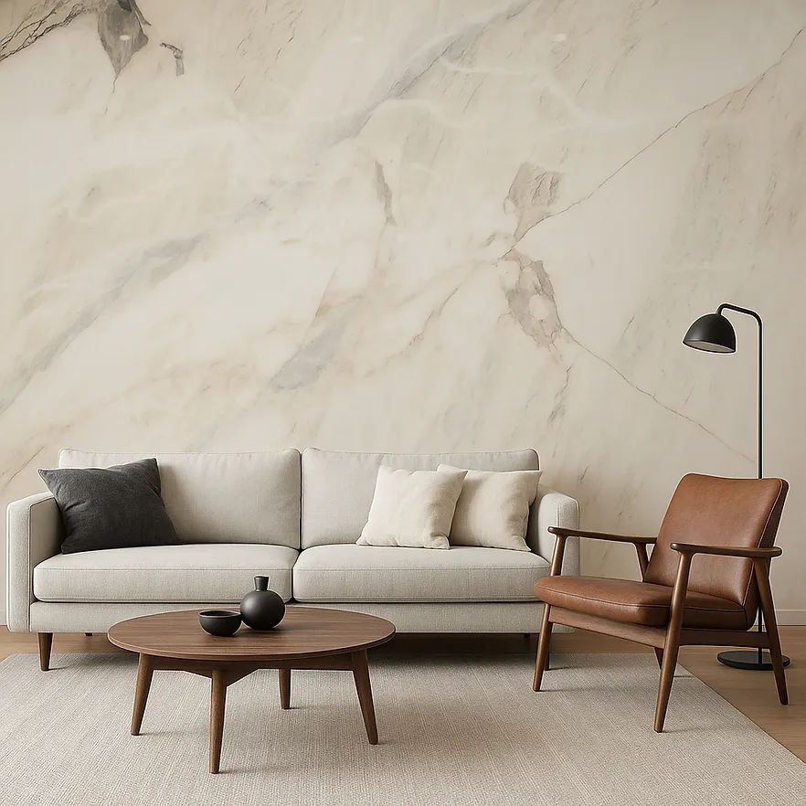 Modern living room featuring an imitation Michelangelo marble accent wall behind a chic neutral sofa and armchair.